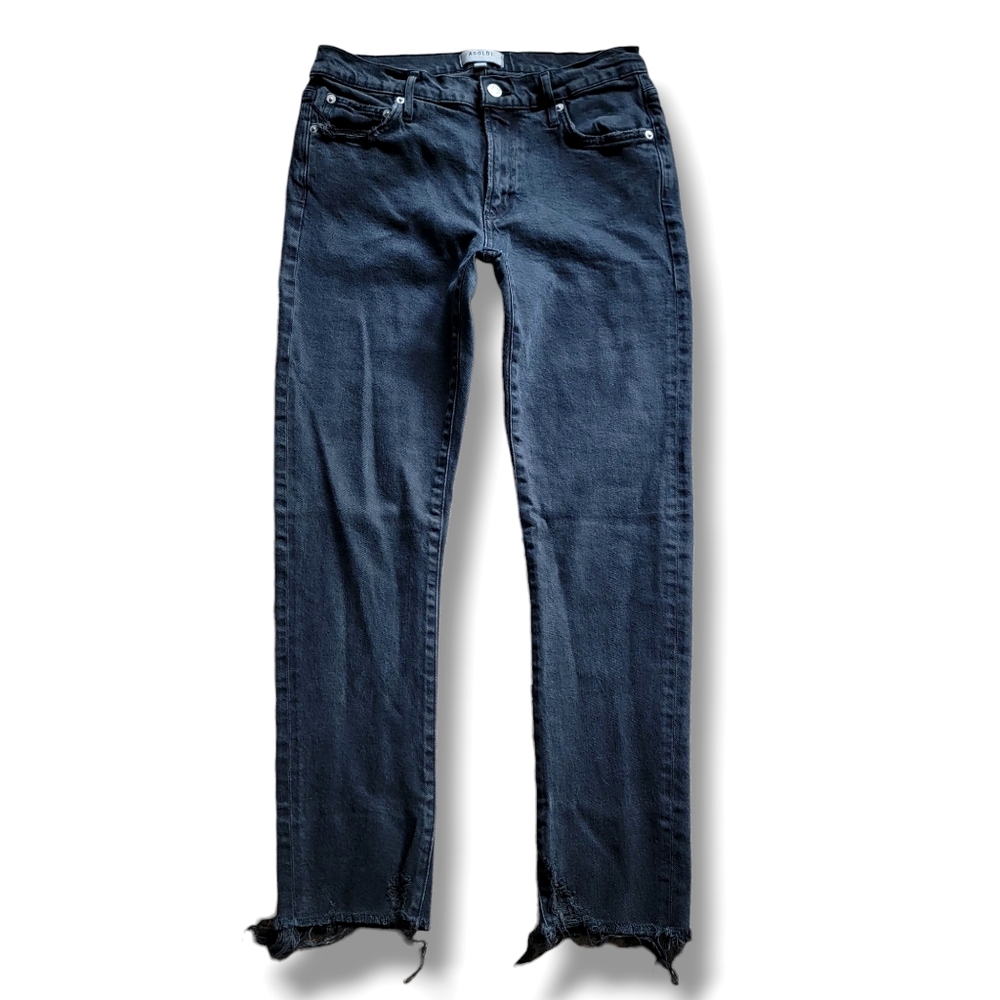 Agolde Toni Black Mid‎ Rise Skinny Leg Distressed Crop Jeans Raw Hem 28
